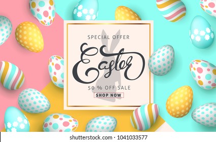 Easter sale banner background template with beautiful colorful eggs. Vector illustration.