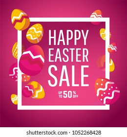 Easter sale banner background template with modern colorful spring flowers and eggs.