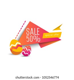Easter sale banner background template with modern colorful spring flowers and eggs.
