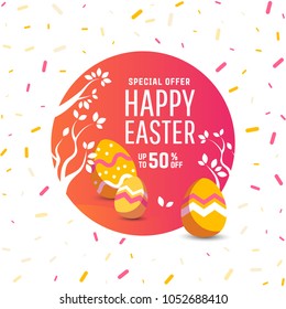Easter sale banner background template with modern colorful spring flowers and eggs.