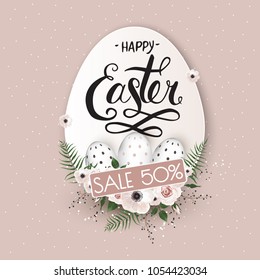 Easter sale banner background template with beautiful colorful spring flowers and eggs. Vector illustration.