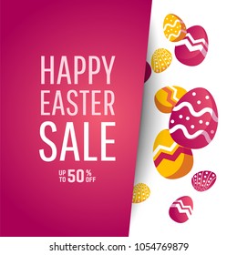 Easter sale banner background template with modern colorful spring flowers and eggs.