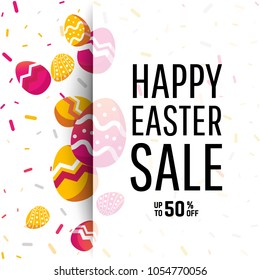 Easter sale banner background template with modern colorful spring flowers and eggs.