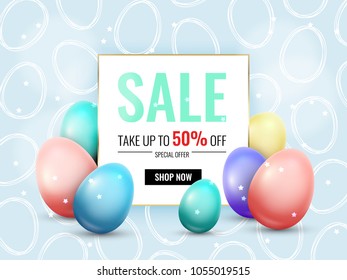 Easter sale banner background template with beautiful colorful eggs. Vector illustration.
