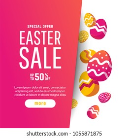 Easter sale banner background template with modern colorful spring flowers and eggs.
