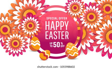 Easter sale banner background template with modern colorful spring flowers and eggs.