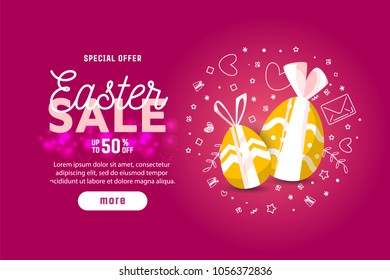 Easter sale banner background template with modern colorful spring flowers and eggs.
