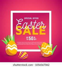 Easter sale banner background template with modern colorful spring grass and eggs.