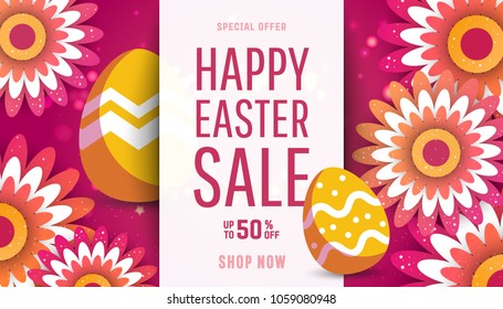 Easter sale banner background template with modern colorful spring flowers and eggs.