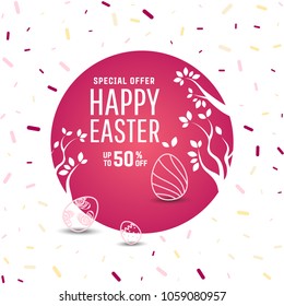 Easter sale banner background template with modern colorful spring flowers and eggs.