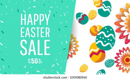 	
Easter sale banner background template with modern colorful spring flowers and eggs.