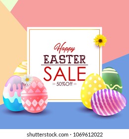 Easter sale banner background template with beautiful colorful flowers and eggs