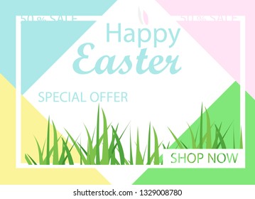 Easter sale banner background template with green grass and easter rabbit
