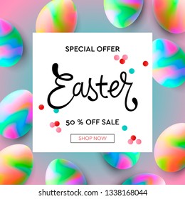 Easter sale banner background template with beautiful colorful eggs. Vector illustration.