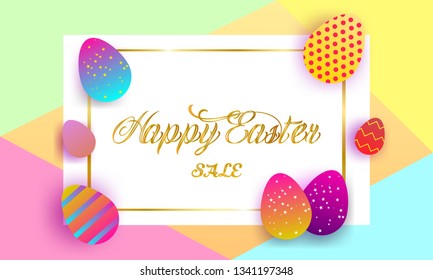 Easter sale banner background template with beautiful colorful eggs and dust. Easter postcard with hand drawn eggs and wishes.