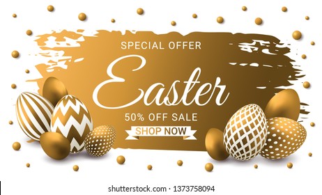 Easter sale banner background template with 3D realistic golden decorated eggs, beads and  brush splash.Vector illustration. 