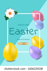 Easter sale banner background template with beautiful colorful spring flowers and eggs. Vector illustration.