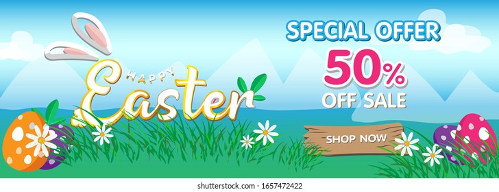 Easter sale banner background template with beautiful colorful spring flowers and eggs. Vector illustration.