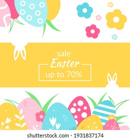 Easter sale banner background template with colorful eggs, flowers and rabbit. Design for holiday flyer, poster, greeting card, party invitation. Vector illustration.