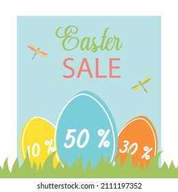 Easter sale banner background template with beautiful colorful  eggs and grass. For design of flyers with discount offers. Easter eggs in grass. Vector illustration in flat style. Percent discount