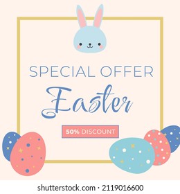 Easter sale banner background template with cute bunny and beautiful colorful eggs in vector 