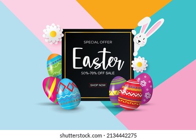 Easter sale banner background template with beautiful colorful spring flowers,eggs and rabbit. Vector illustration.