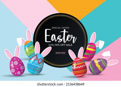 Easter sale banner background template with beautiful colorful spring flowers,eggs and rabbit. Vector illustration.