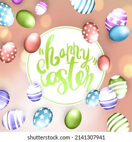 Easter sale banner background template with beautiful colorful spring flowers and eggs. Vector illustration.