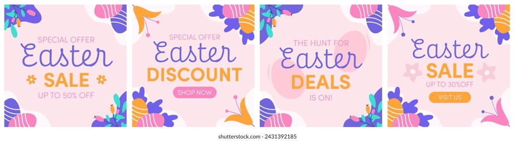 Easter sale banner, background template set. Collection of hand drawn easter templates for social media, cards, invitations, advertising, web. Sale, discount, shop now.