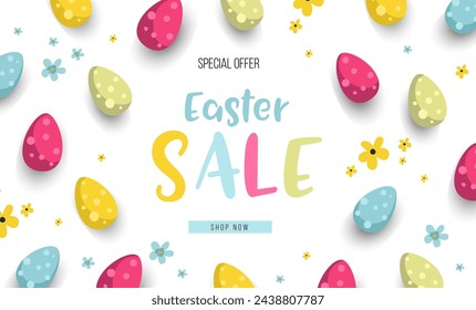 Plantilla de fondo de banner de venta de Pascua con hermosas flores de primavera coloridas y huevos. Ilustración vectorial.