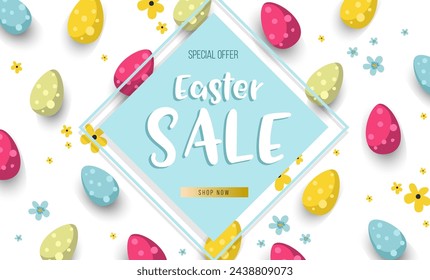 Easter sale banner background template with beautiful colorful spring flowers and eggs. Vector illustration.