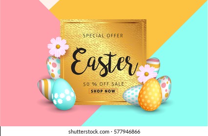 Easter sale banner background template with beautiful colorful spring flowers and eggs. Vector illustration.