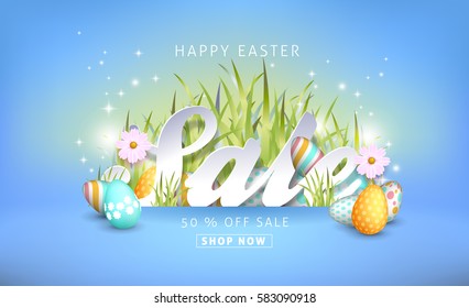 Easter sale banner background template with beautiful colorful spring flowers and eggs. Vector illustration.