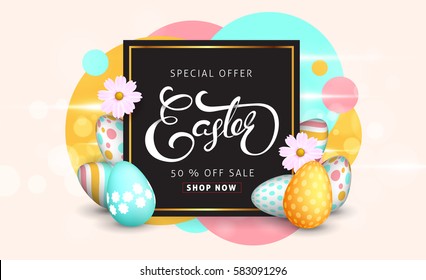 Easter sale banner background template with beautiful colorful spring flowers and eggs. Vector illustration.