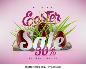 Easter sale banner background template with green grass and chocolate eggs. Vector illustration for your design and merchandise needs.