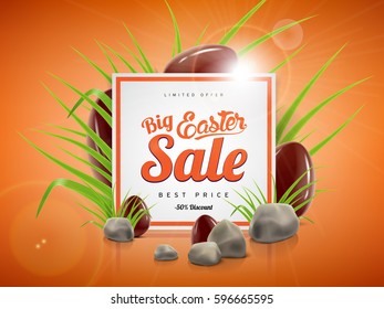 Easter sale banner background template with lettering, green grass, stones and chocolate eggs. Vector illustration for your ad design and advertising needs.
