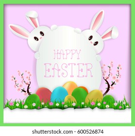 Easter sale banner background template with beautiful colorful spring flowers and eggs. Vector illustration.
