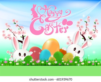 Easter sale banner background template with beautiful colorful spring flowers and eggs. Vector illustration.