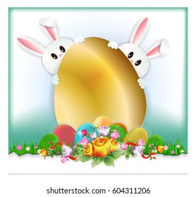 Easter sale banner background template with beautiful colorful spring flowers and eggs. Vector illustration.