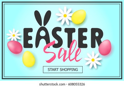 Easter sale banner background template with beautiful colorful spring flowers and eggs. Vector illustration