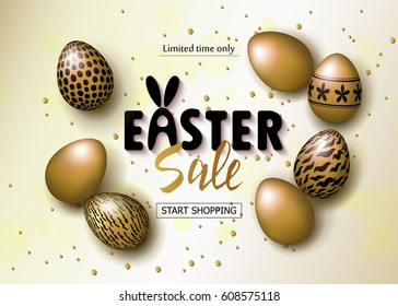 Easter sale banner background template with beautiful golden eggs. Vector illustration