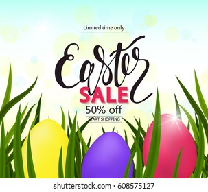 Easter sale banner background template with beautiful colorful eggs on green grass. Vector illustration
