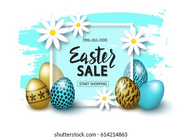 Maqueta de fondo de banner de la venta de Semana Santa con hermosas flores de primavera y huevos. Ilustración del vector