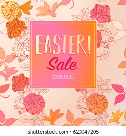 Easter sale banner background template with beautiful colorful spring flowers. Vector illustration.