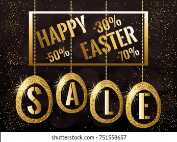 Easter sale banner background template with golden decorated eggs. Vector illustration.