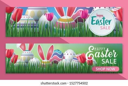 Easter sale banner with beautiful colorful eggs. Vector background. Spring illustration