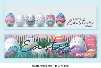 Easter sale banner with beautiful colorful eggs. Vector background. Spring illustration