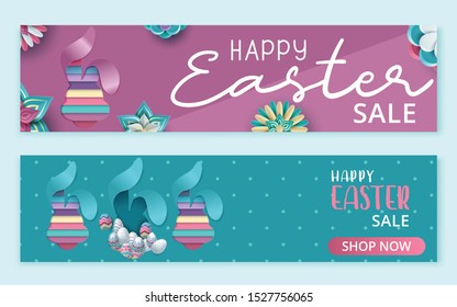Easter sale banner with beautiful colorful eggs. Vector background. Spring illustration