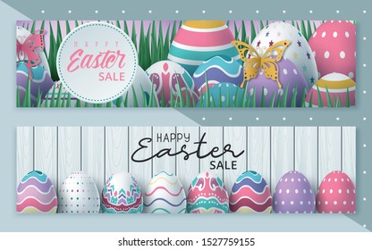 Easter sale banner with beautiful colorful eggs. Vector background. Spring illustration
