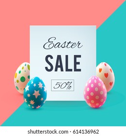 Easter sale banner with beautiful colorful eggs. Vector background. Spring illustration.